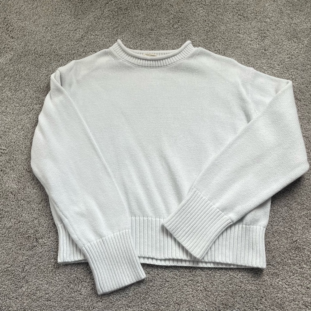 White Cotton Cropped Sweater - Classic Rolled Crewneck